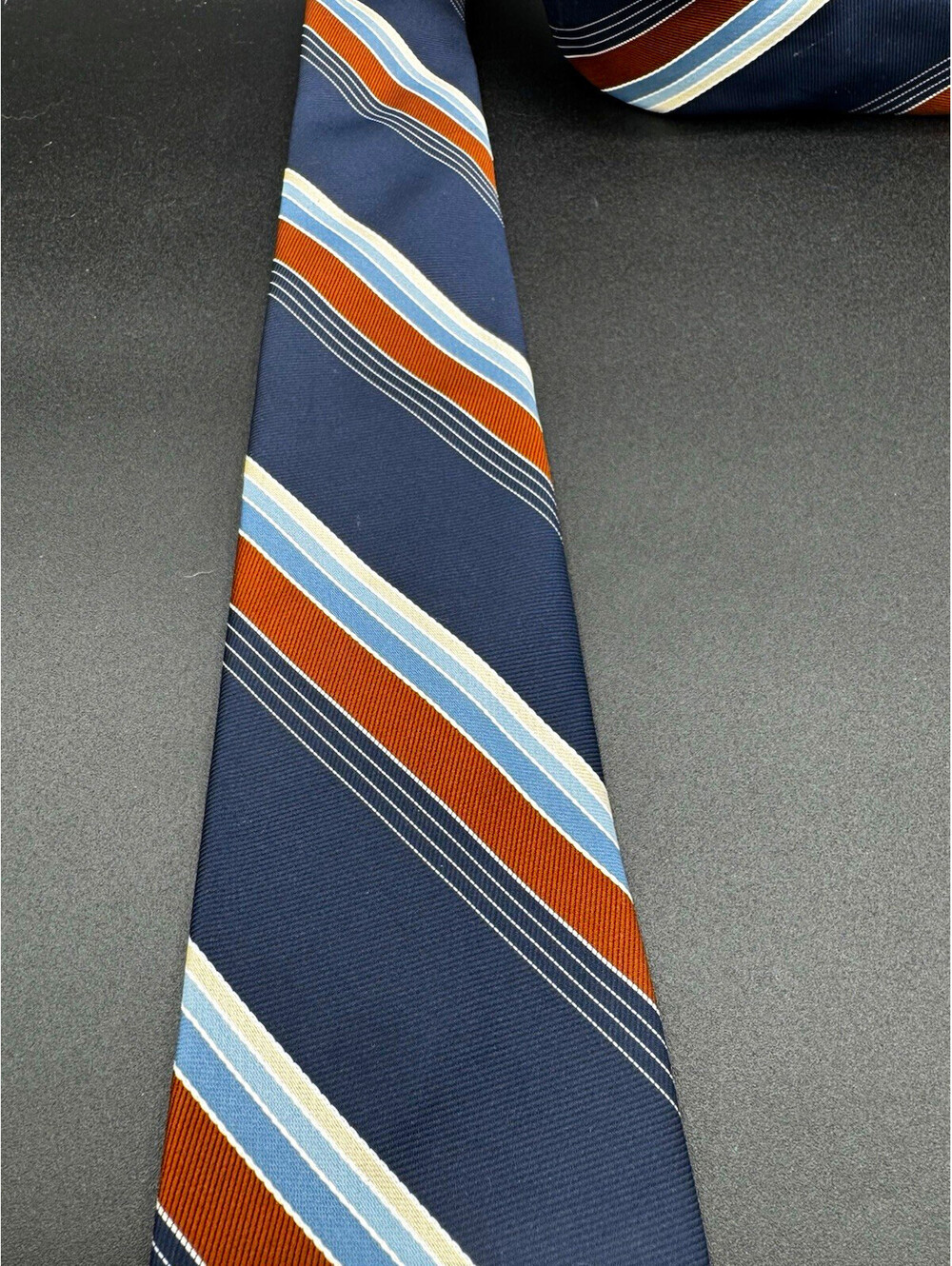 Vintage 70s Johnny Carson Tie Navy Rust Blue Stripe Polyester 57” x 3”